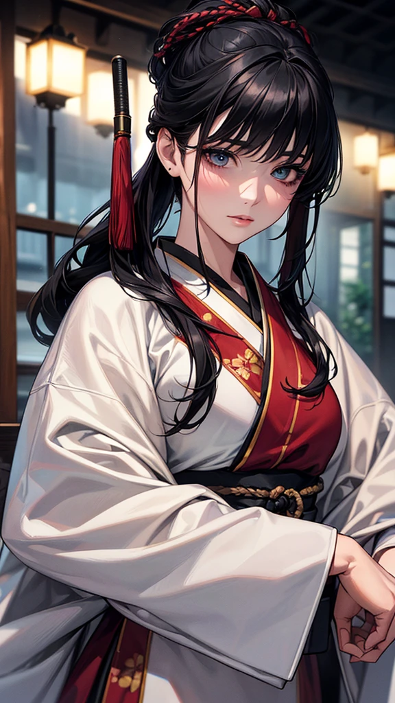 Highest quality, Ultra-high resolution, (Realistic: 1.4), beautiful Eyes, Super beautiful女性,30 years old、 beautiful, Fighting warrior, Japanese Clothing、((Black Hair、Updo Hair))、Black Tone、Senbonzakura、beautiful Soldier, Inviting eyes, spouse'Perspective, Droopy eyes、Attractive appearance, Sexy smile, Perfect Style, Perfect balance、Large Breasts、 Detailed skin, Mischievous Gaze,beautiful背景