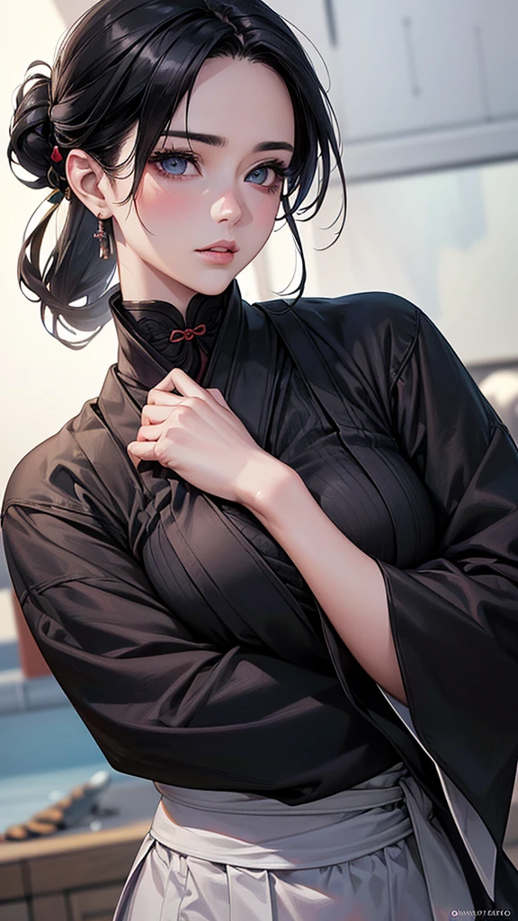 Highest quality, Ultra-high resolution, (Realistic: 1.4), beautiful Eyes, Super beautiful女性,30 years old、 beautiful, Fighting warrior, Japanese Clothing、((Black Hair、Updo Hair))、Black Tone、Senbonzakura、beautiful Soldier, Inviting eyes, spouse&#39;Perspective, Droopy eyes、Attractive appearance, Sexy smile, Perfect Style, Perfect balance、Large Breasts、 Detailed skin, Mischievous Gaze,beautiful背景