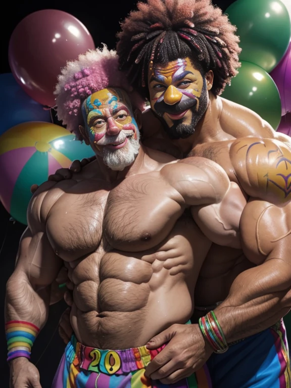Hyper-realistic image of a smiling rainbow-haired bodybuilder clown superhero hugging a very old and very sweaty friend, over 80 years old, very muscular and fat, over 200 kilos with a bare torso, large and flaccid pectorals, brown nipples and big rainbow mustaches with huge tattooed arms surrounded by many balloons dressed in colorful clown pants with argyles and a huge rainbow afro wig on his head. 