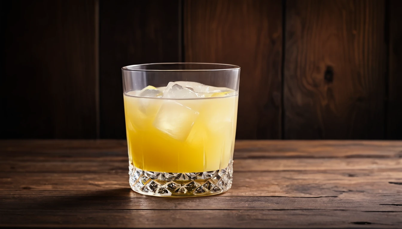 image of Whiskey Sour with aesthetic wooden table background, focus image in center
