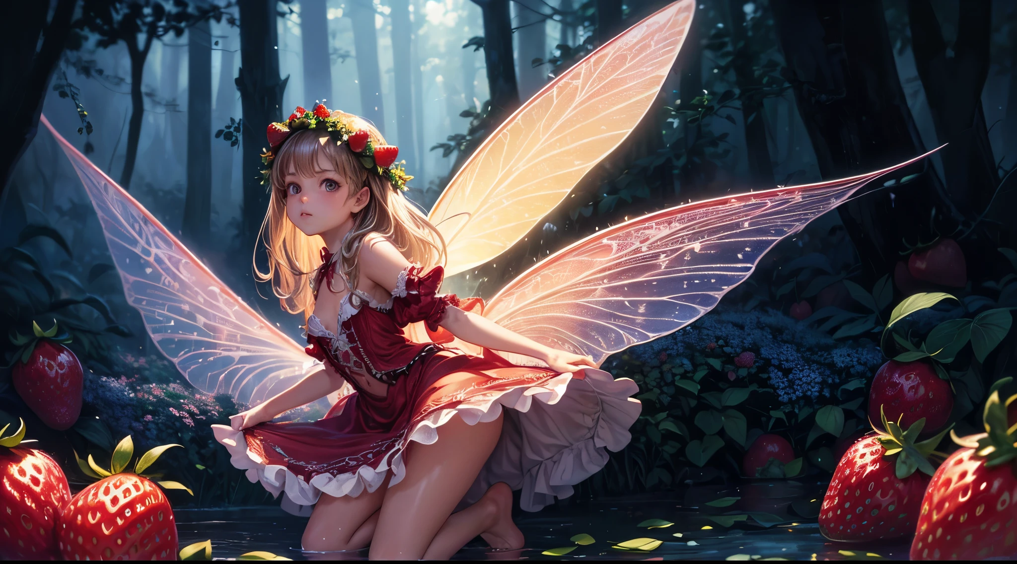 ( Absurd, High quality, ultra-detailed, masterpiece, concept art, smooth, highly detailed artwork, hyper-realistic painting ) , tiny , strawberry girl, Strawberries, cute, whole body, Romantic, Vivid, dreamy, fantasy, fairy wings, in the forest, enchanting glow, very detailed art, reveal clothes, sexy lace underwear