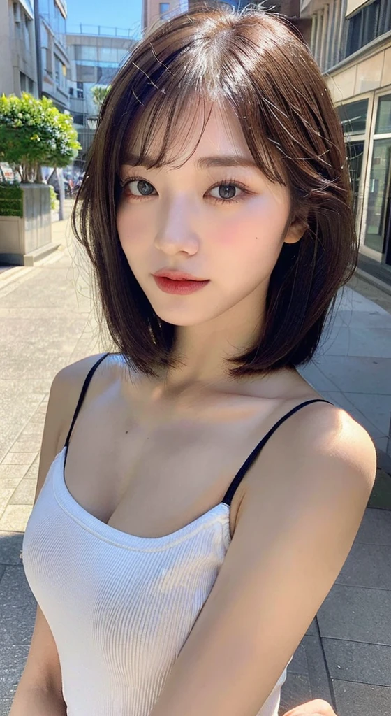 ((top-quality、8k、​masterpiece：1.3))、sharp focus：1.2、Beautiful Women in Perfect Style：1.4、Slender Abs：1.2、((Dark brown hair、Short Bob、large bust：1.2))、(natural soft light、City Street:1.1)、Highly detailed facial and skin texture、A detailed eye、double eyelid