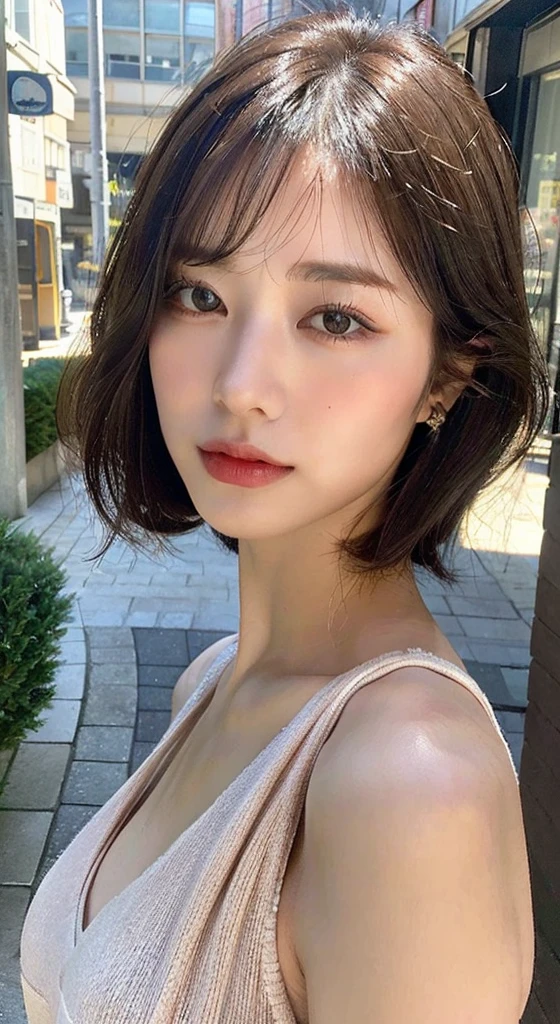 ((top-quality、8k、masterpiece:1.3))、sharp focus:1.2、Beautiful Women in Perfect Style:1.4、Slender Abs:1.2、((Dark brown hair、Short Bob、large bust:1.2))、(natural soft light、City Street:1.1)、Highly detailed facial and skin texture、A detailed eye、double eyelid