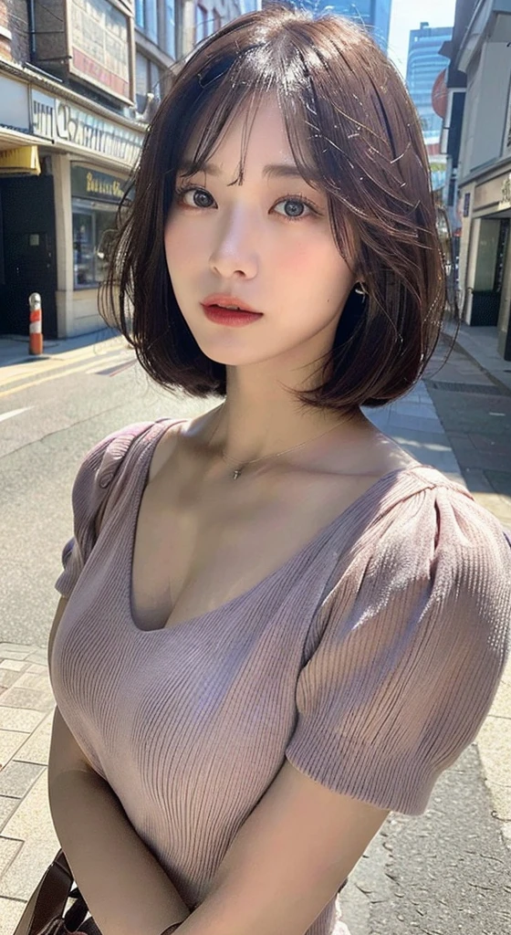 ((top-quality、8k、masterpiece:1.3))、sharp focus:1.2、Beautiful Women in Perfect Style:1.4、Slender Abs:1.2、((Dark brown hair、Short Bob、large bust:1.2))、(natural soft light、City Street:1.1)、Highly detailed facial and skin texture、A detailed eye、double eyelid