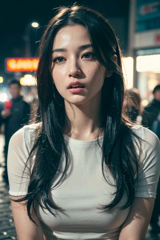 a young woman get down on the street, photorealistic, 1girl, beautiful detailed face, beautiful detailed eyes, beautiful detailed lips, long eyelashes, detailed expression of fear and surprise, detailed clothing, detailed environment, detailed crowd, realistic lighting, cinematic composition, vibrant colors, dramatic lighting, wet ground, motion blur, (best quality,4k,8k,highres,masterpiece:1.2),ultra-detailed,(realistic,photorealistic,photo-realistic:1.37)