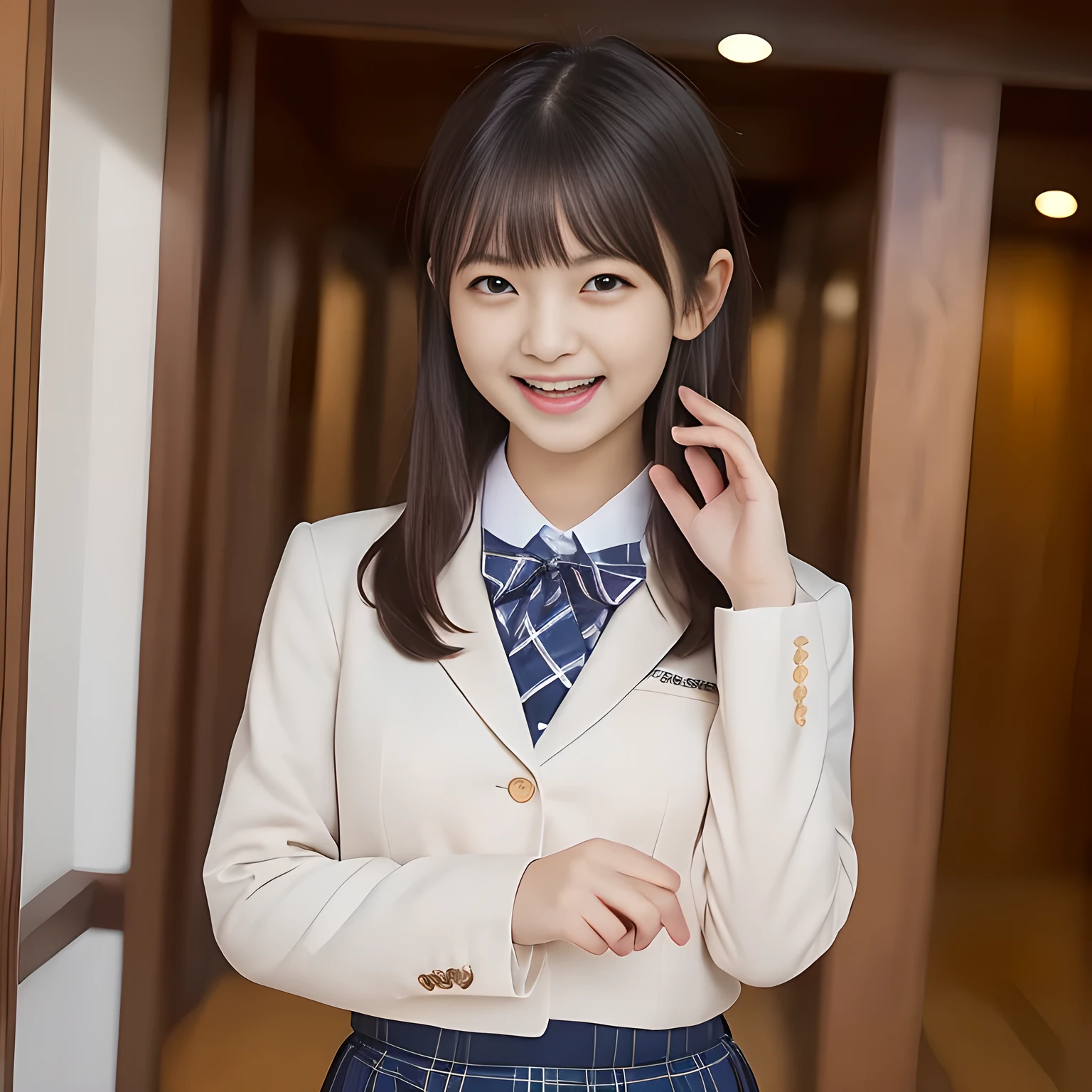 (Highest quality, masterpiece:1.2), Highest quality, High resolution, 1080P, 8k, height: 165cm, ((A noble and intelligent succubus who looks like a best proportion Japanese young lady is giggling while magically hypnotizing the viewer)), ((So sweet, very noble, cute and pretty Japanese beautiful cute girl)), ((A real, very girly, sweet, cute and noble girl)), ((((A smiling beautiful Japanese cute fashion model)))), ((((Very pure white face and limbs)))), Glossy Lips, (Evenly cut bangs), ((Very beautiful, smiling, droopy, cute, pure, noble brown eyes)), ((Super long, straight black hair that reaches the floor)), Very shiny, Glossy Lips, Open hand over open mouth, Beautiful straight hair like a hair model, Watch and laugh at your audience, ((Incredibly well organized, Rich facial expressions. Plump and beautiful white skin and face)), ((Pure, clear, gentle smiling brown eyes)), ((Smile at me)), Glossy Lips, ((noble and elegant)), ((As the succubus charms you with her magic and giggles)), ((((Succubus is fascinating, calling to the depths of eternity)))), Very beautiful blue skirt, ((Large upward-curving lips)), ((Look directly at the viewer)), White Hand, (((Navy Japanese school blazer with noble emblem))), ((Navy and sapphire blue Japanese school uniform)), ((Tartan check pattern pleated long skirt)), ((Blue string ribbon tie)), ((((An ecstatic expression of boundless joy)))), ((fantastical white garden background)), tongue, ((Shampoo promotional image))