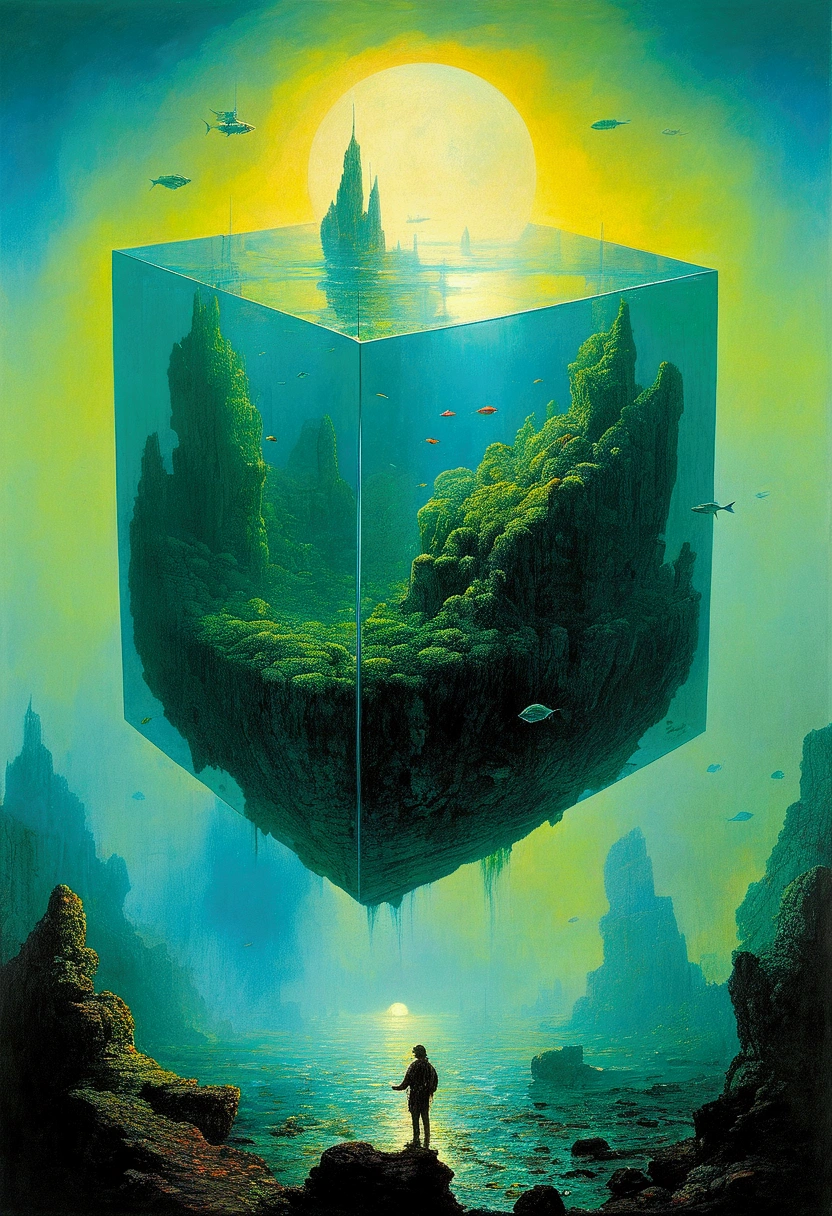 Giant transparent cube aquarium,Old sci-fi posters, author:Zsław Beksinski 和 Jean.Gillot
