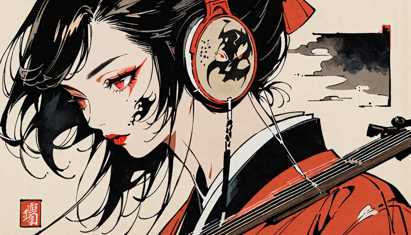 Ink Painting, (((1 person))), (((Tattoo on face))), (((Japanese String Instruments))), Japanese style headphones, Beautiful girl possessed by a demon, Black Hair, Red eyes, Delicate and precise, Modern ukiyo-e style
