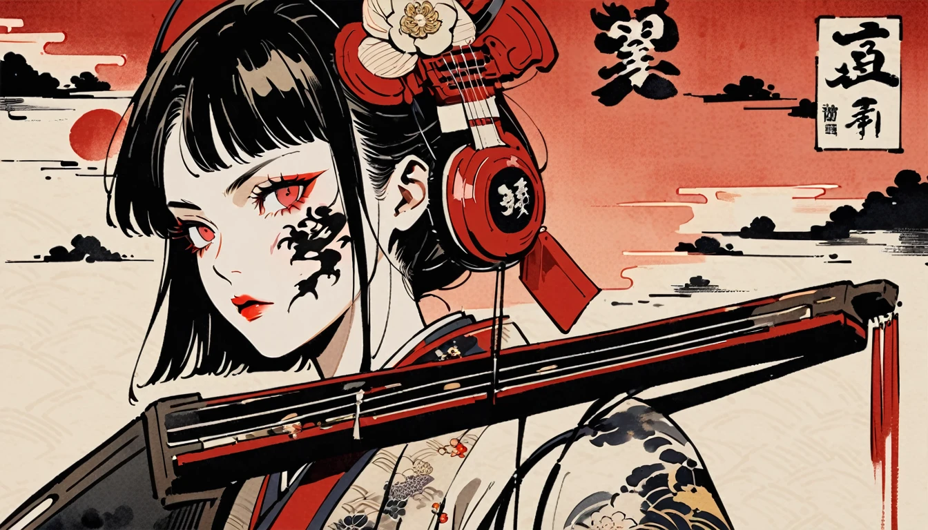 Ink Painting, (((1 person))), (((Tattoo on face))), (((Japanese String Instruments))), Japanese style headphones, Beautiful girl possessed by a demon, Black Hair, Red eyes, Delicate and precise, Modern ukiyo-e style