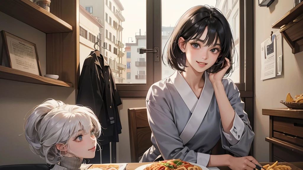 (perfect anatomy:1.2)(absurdres, highres, ultra detailed),masterpiece,best quality,high resolution,8k,Realistic face,Realistic skin texture,magnified textures, stunning clarity,detailed anime girl,(ultra detailed eyes and face),(1 girl:1.2)21years old,she is office worker,lunch time,Italian restaurant in a Japanese district,smile,grin:1.2,black hair, bob cut,natural make,grey jacket and pants,white brouse,light look at winfows,sparkling eyes.small nose,roundface,She looks happy,upper body,Italian restaurant Eating pasta happily