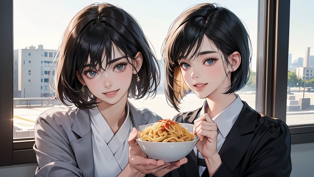 (perfect anatomy:1.2)(absurdres, highres, ultra detailed),masterpiece,best quality,high resolution,8k,Realistic face,Realistic skin texture,magnified textures, stunning clarity,detailed anime girl,(ultra detailed eyes and face),(1 girl:1.2)21years old,she is office worker,lunch time,Italian restaurant in a Japanese district,smile,grin:1.2,black hair, bob cut,natural make,grey jacket and pants,white brouse,light look at winfows,sparkling eyes.small nose,roundface,She looks happy,upper body,Italian restaurant Eating pasta happily