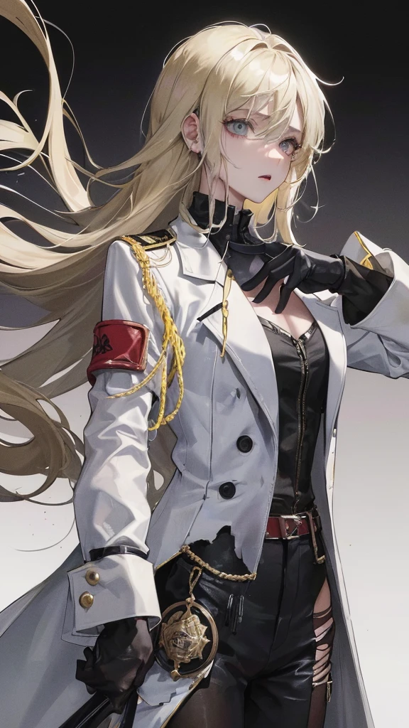 (Top resolution、Distinct_image)top-quality、A girl、masterpiece、highly detailed, half body, Semi-realistic、grey eyes 、18year old、blonde hair,young 、Exquisite facial features、Facial features ,variation potrait, injured, long hairstyles, zl apocalypse, age, cool , cold sharp eyes, An expression of despair., Torn clothes, destroyed clothes, damaged clothing, all dirty, dirty, dirt, lifeless eyes, blood on face and clothes, , {Very detailed 8k CG unit wallpaper}, Handsome, solo, female, mafia, black shirt, white pant, black gloves, white coat,