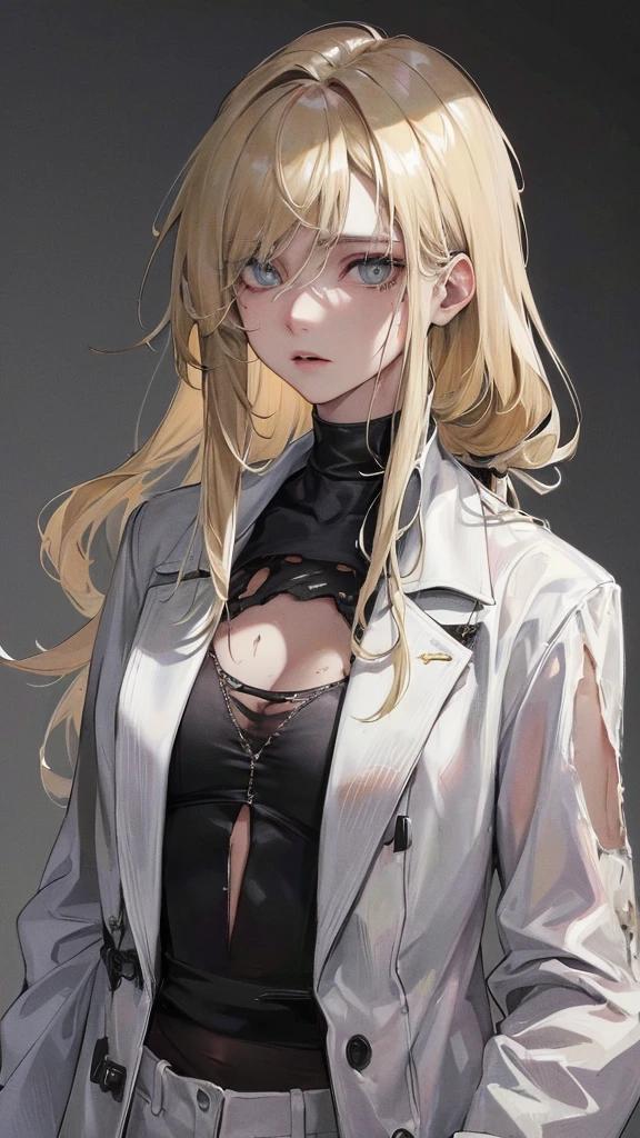 (Top resolution、Distinct_image)top-quality、A girl、​masterpiece、highly detailed, half body, Semi-realistic、grey eyes 、18year old、blonde hair,young 、Exquisite facial features、Facial features ,variation potrait, injured, long  hairstyles, zl apocalypse, teenage, cool , cold sharp eyes, An expression of despair., Torn clothes, destroyed clothes, damaged clothing, all dirty, dirty, dirt, lifeless eyes, blood on face and clothes, , {Very detailed 8k CG unit wallpaper}, Handsome, solo, female, mafia, black shirt, white pant, black gloves, white coat,