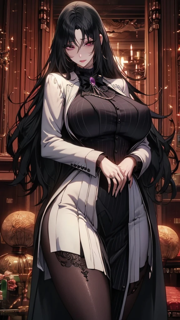 "A beautiful and elegant woman in her late 30s with long, flowing dark hair and captivating black eyes. She is dressed in a sophisticated, high-end medieval gown similar to the one in the provided image, with a black and white color scheme, intricate details, and a striking amethyst brooch at the collar. She stands in a grand, opulent castle chamber, with an aura of confidence and authority. The room is adorned with lavish tapestries, antique furniture, and a large window with a view of a serene medieval landscape. Her expression is one of intelligence and determination, yet there is a hint of warmth and allure in her gaze."