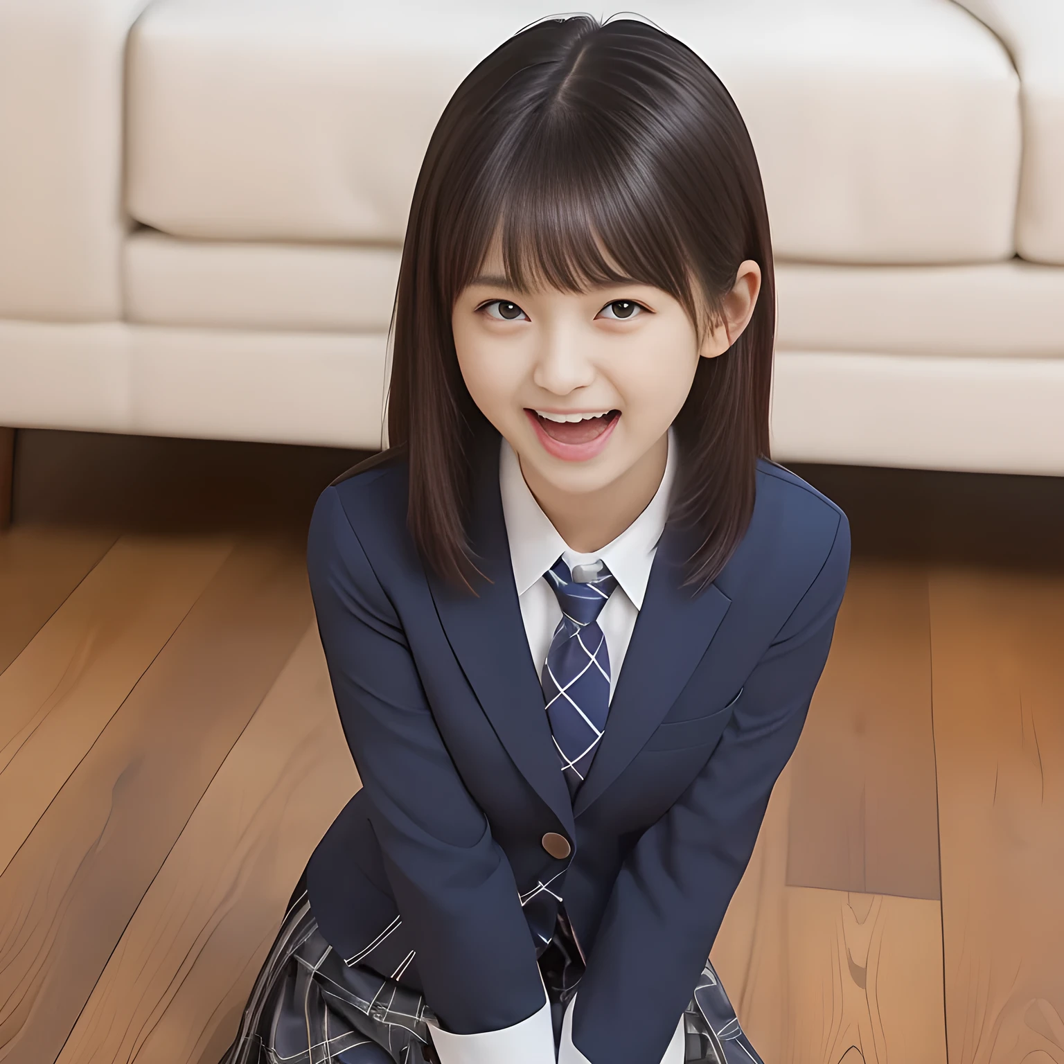 (Highest quality, masterpiece:1.2), Highest quality, High resolution, 1080P, 8k, height: 165cm, ((A noble and intelligent succubus who looks like a best proportion Japanese young lady is giggling while magically hypnotizing the viewer)), ((So sweet, very noble, cute and pretty Japanese beautiful cute girl)), ((A real, very girly, sweet, cute and noble girl)), ((((A smiling beautiful Japanese cute fashion model)))), ((((Very pure white face and limbs)))), Glossy Lips, (Evenly cut bangs), ((Very beautiful, smiling, droopy, cute, pure, noble brown eyes)), ((Super long, straight black hair that reaches the floor)), Very shiny, Glossy Lips, Open hand over open mouth, Beautiful straight hair like a hair model, Watch and laugh at your audience, ((Incredibly well organized, Rich facial expressions. Plump and beautiful white skin and face)), ((Pure, clear, gentle smiling brown eyes)), ((Smile at me)), Glossy Lips, ((noble and elegant)), ((As the succubus charms you with her magic and giggles)), ((((Succubus is fascinating, calling to the depths of eternity)))), Very beautiful blue skirt, ((Large upward-curving lips)), ((Look directly at the viewer)), White Hand, (((Navy Japanese school blazer with noble emblem))), ((Navy and sapphire blue Japanese school uniform)), ((Tartan check pattern pleated long skirt)), ((Blue string ribbon tie)), ((((An ecstatic expression of boundless joy)))), ((fantastical white garden background)), tongue, ((Shampoo promotional image))