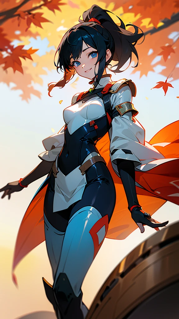 One girl、alone、Anime-style paintings、Sparkling Blue Eyes、Black Hair、ponytail、armor、Bodysuits、boots、Fits perfectly to the skin、skirt、thigh boots、Knee socks、Cowboy Shot、Wicked Smile、Perfect lighting、Autumnal leaves々、Momiji Park、Background Blur, Written boundary depth