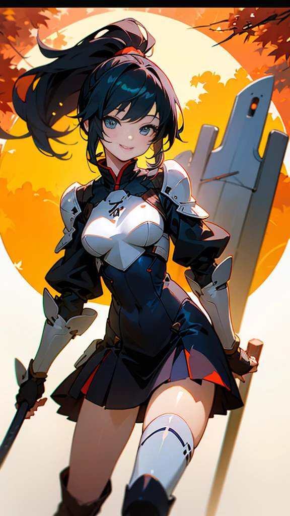 One girl、alone、Anime-style paintings、Sparkling Blue Eyes、Black Hair、ponytail、armor、Bodysuits、boots、Fits perfectly to the skin、skirt、thigh boots、Knee socks、Cowboy Shot、Wicked Smile、Perfect lighting、Autumnal leaves々、Momiji Park、Background Blur, Written boundary depth