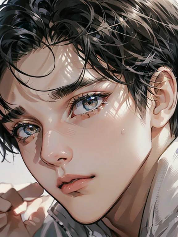 (best quality digital art digital illustration 4k high resolution beautiful image hyper-detailed image perfect lines soft lighting night environment focus face soft zoom) (1:1 photorealistic) (neutral colors hdr 1.4) a young adult man (thoughtful expression) black and white modern clothes black eyes medium black hair