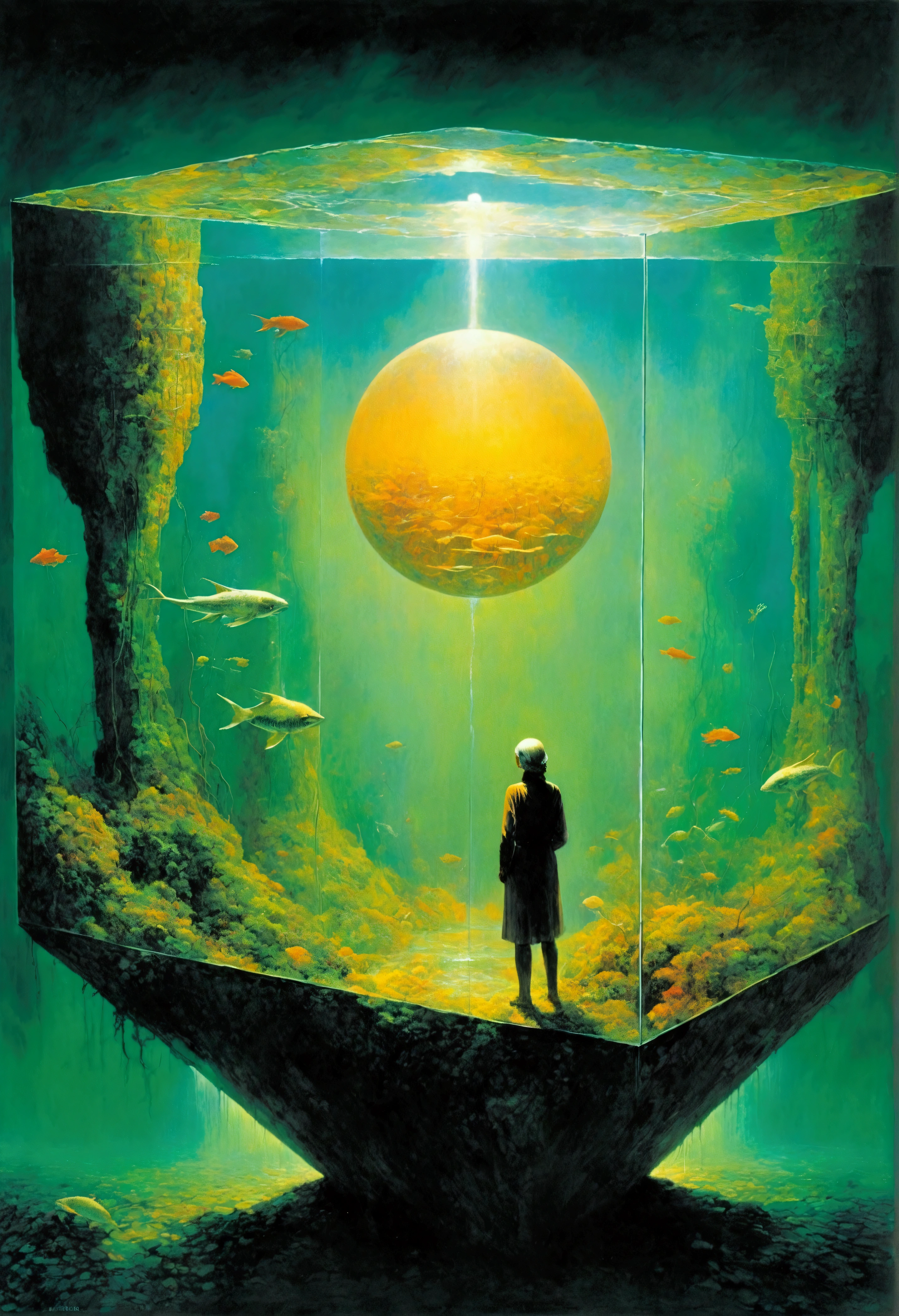 Giant transparent cube aquarium，Old sci-fi posters, author：Zsław Beksinski 和 Jean.Gillot