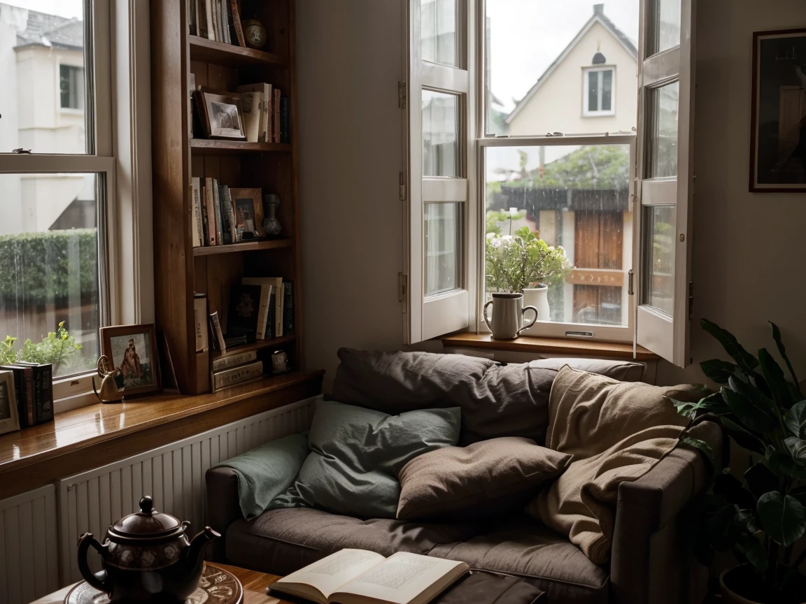 Cozy reading corner: Cozy corner with books, 1 cup black tea, In the background there is a rain-soaked window, Create the perfect environment for relaxation.