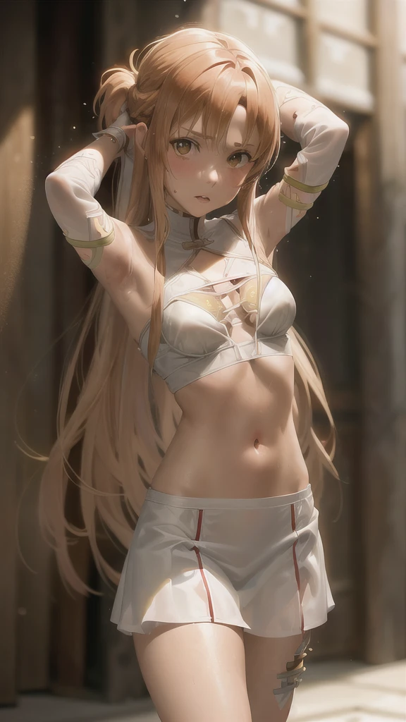 1girl, solo, tied up, asuna yuuki from sao, asuna yuuki, looking at viewer with disgust and annoyance, ultra-detailed, masterpiece, beautiful detailed eyes, beautiful detailed lips, extremely detailed facial features, longeyelashes, intricate details, bound wrists, wearing only bra and underwear, solo female, highly detailed, 