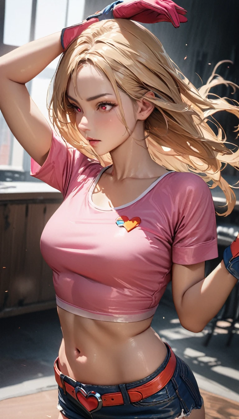  A Young woman, tall posture, (hair (blonde, straight, chest-length)), beautiful detailed eyes, (pink tight shirt (crop top, scoop neck, short sleeves)), expose navel, blue leather shorts, pink small boots, a large orange belt with a red heart-shaped buckle, small pink gloves, beautiful midriff, beautiful thigh, long and slim thigh, pose super punch, (UHD, ultra realistic, ultra detailed, masterpiece, best quality).