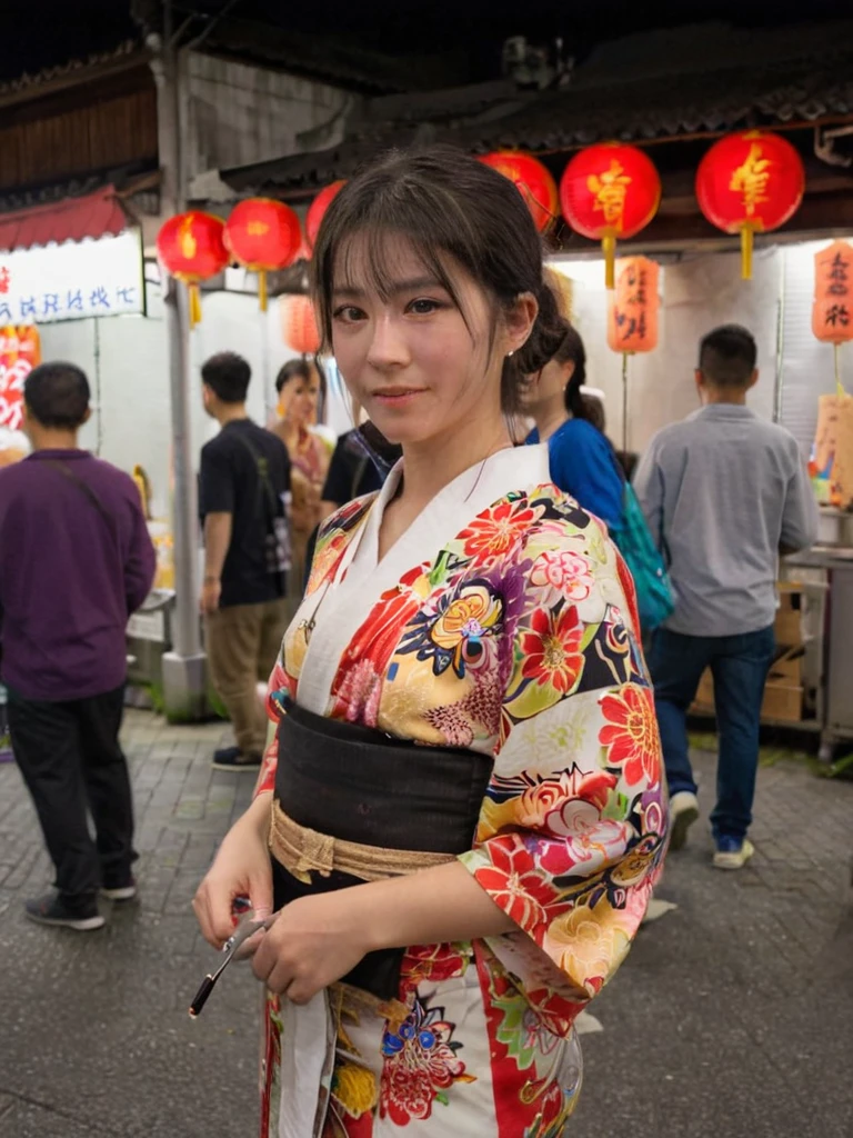 1girl in, age22, Solo, short black hair, looking at the camera, translucent white fairly skin, black hair, full body, outdoor, night, japanese street vendors, japanese festival, fireworks, (extremely detailed 8k wallpaper), soft lighting, high quality, film grain, Fujifilm XT3 sharp focus, f 5.6, 50mm, High Detail, Sharp focus, (natural light), (seductive), realistic, sexy, ((Detail eye)), ((Eye: 1.2), ((Kimono)), (breast: 1.2)