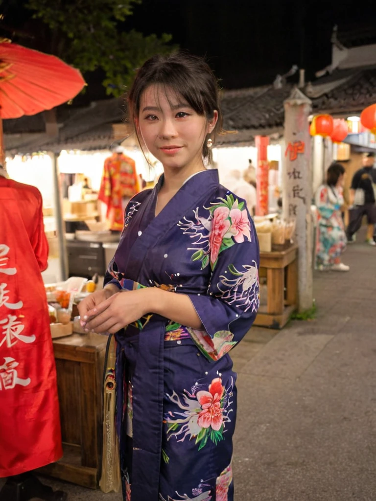 1girl in, 22, Solo, short black hair, looking at the camera, translucent white fairly skin, black hair, full body, outdoor, night, japanese street vendors, japanese festival, fireworks, (extremely detailed 8k wallpaper), soft lighting, high quality, film grain, Fujifilm XT3 sharp focus, f 5.6, 50mm, High Detail, Sharp focus, (natural light), (seductive), realistic, sexy, ((Detail eye)), ((Eye: 1.2), ((Kimono)), (breast: 1.2)