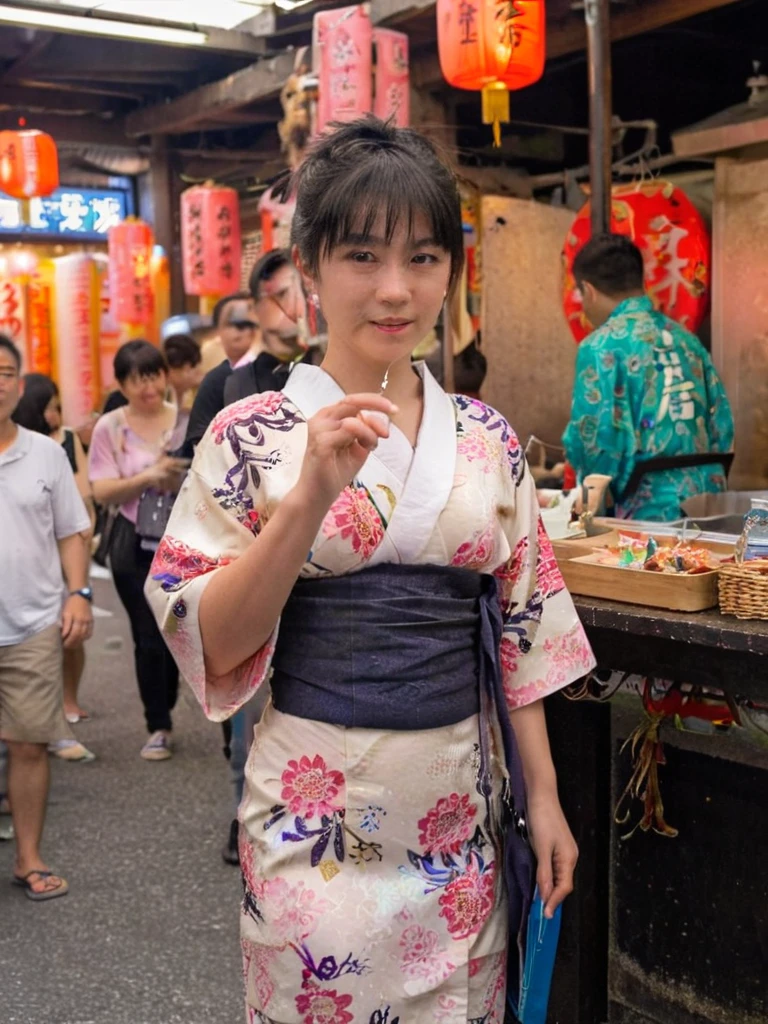 1girl in, age22, Solo, short black hair, looking at the camera, translucent white fairly skin, black hair, full body, outdoor, night, japanese street vendors, japanese festival, fireworks, (extremely detailed 8k wallpaper), soft lighting, high quality, film grain, Fujifilm XT3 sharp focus, f 5.6, 50mm, High Detail, Sharp focus, (natural light), (seductive), realistic, sexy, ((Detail eye)), ((Eye: 1.2), ((Kimono)), (breast: 1.2)