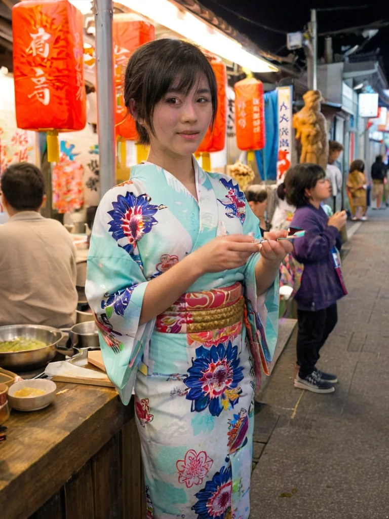 1girl in, age22, Solo, short black hair, looking at the camera, translucent white fairly skin, black hair, full body, outdoor, night, japanese street vendors, japanese festival, fireworks, (extremely detailed 8k wallpaper), soft lighting, high quality, film grain, Fujifilm XT3 sharp focus, f 5.6, 50mm, High Detail, Sharp focus, (natural light), (seductive), realistic, sexy, ((Detail eye)), ((Eye: 1.2), ((Kimono)), (breast: 1.2)