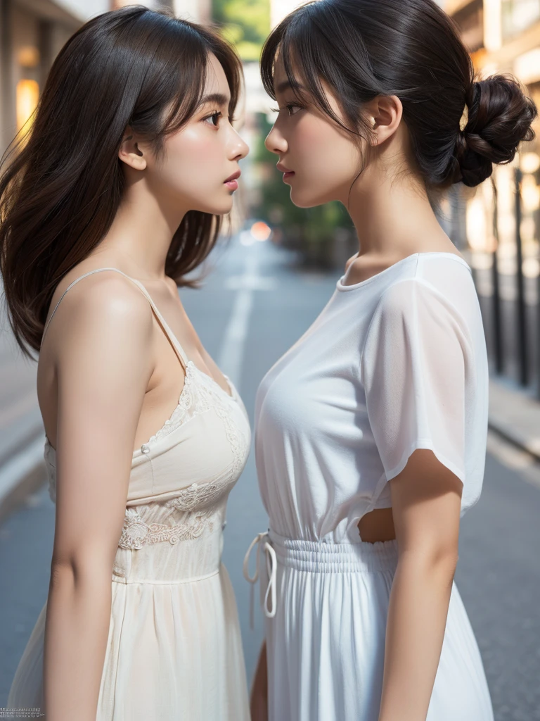 Tabletop、masterpiece,(Stock Emphasis:1.3)、(Summer clothes),Glamour、Natural light、 Attention to detail, Depth of written boundary, 135mm, Textured skin, Super detailed, high quality, Awards, 最high quality, High resolution, 8k, White skin,30 years old、(Two women facing each other:1.5),Correct skeleton,(Thick thighs),(Toned arms),(Big Ass),(Side Shot;1.3),(Side view:1.5),(On the street)