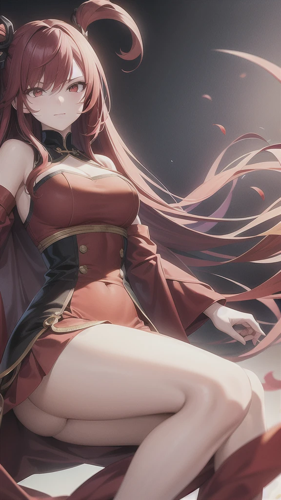 red hair, black jacket with red undertones, white dress, deep orange eyes, only one person, smug look, mature and older look, animemanga girl, detailed key animation art, changli from wuthering waves