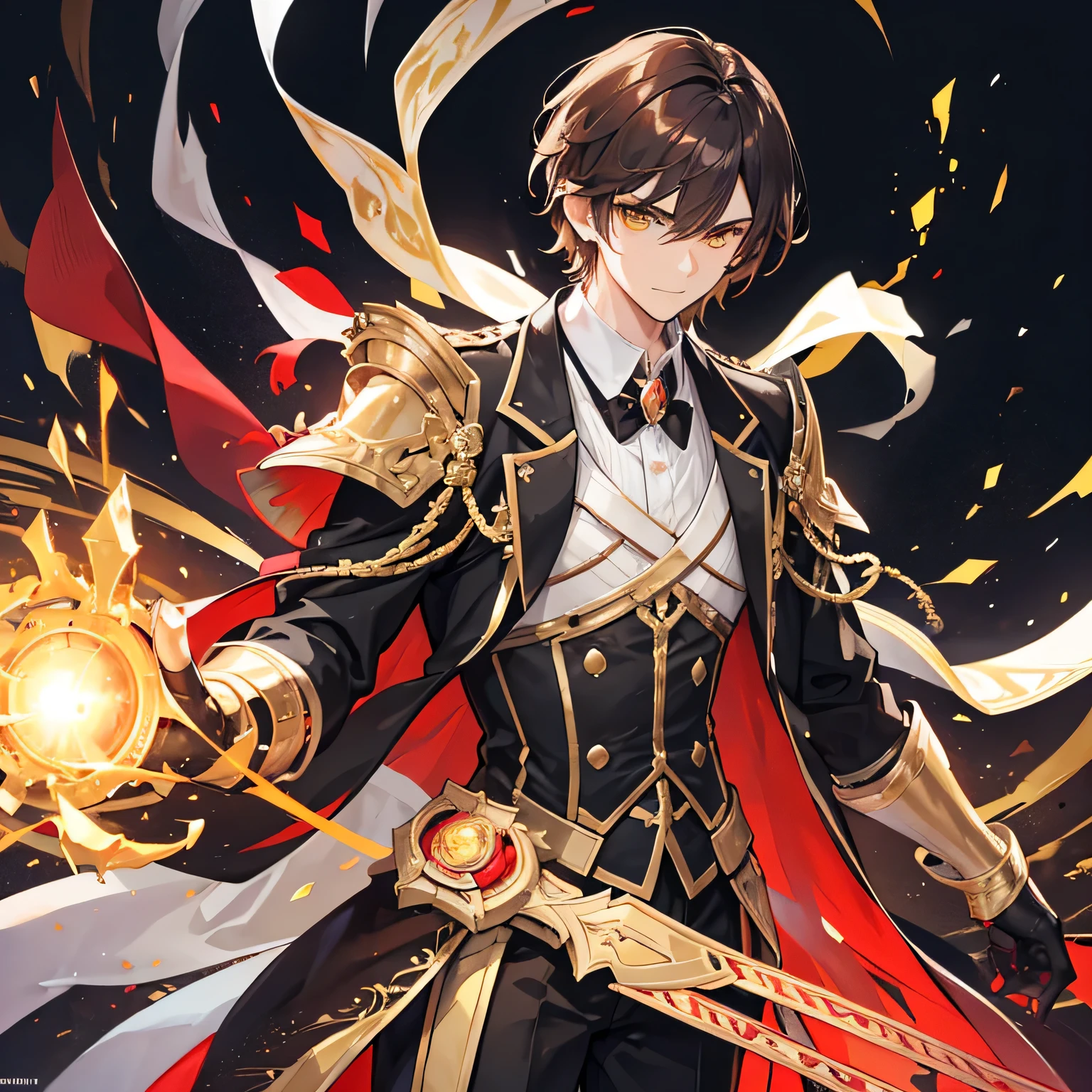 Handsome male, , short brown hair, glowing golden eyes, galahad from fate, close up, calm expression, stoic, golden gauntlets, large sharp gauntlets, crossed arms, upper body, looking at viewer, Handsome, solo, male, short hair, brown hair, hair middle part, yellow eyes, smile facial, black tuxedo, red accents, white trim on tuxedo, black pant, giant gold gauntlets, golden energy