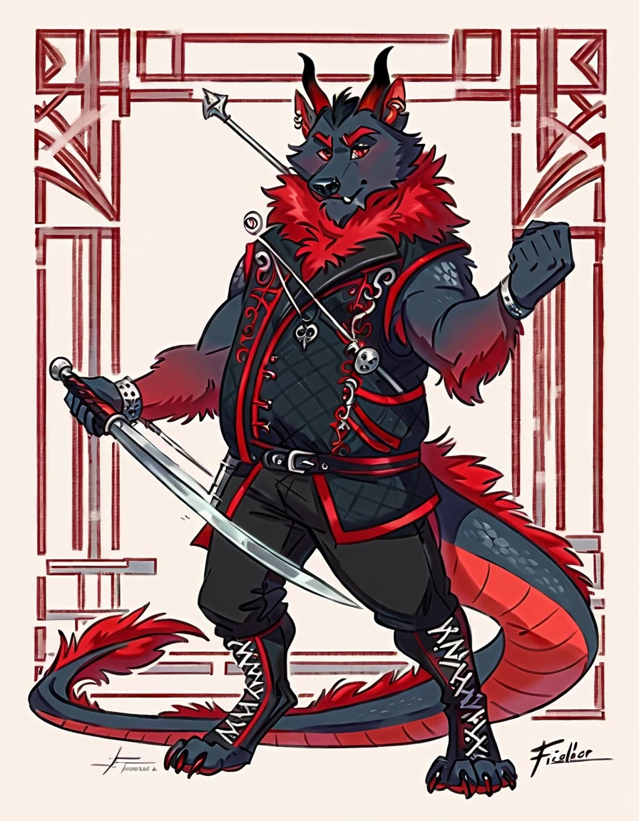 Anthropomorphic dragon his physique is achieved through a meticulous distribution of muscle and fat that creates a sense of comfort and approachability. Black scales. Black fur. Black Hair. Skin is a rich, deep black, with a subtle shimmer. His eyes are a piercing shade of Imperial red, framed by thick eyebrows. His attire, a black gambeson padded overcoat fabric vest with striking red salmon accents and intricate silver metal ornaments, is both functional and symbolic. The gambeson, a padded garment, is tailored to allow for a full range of motion, emphasizing his agility despite his size. The silver metal ornaments. Fur is predominantly black with salmon red-colored highlights. The fur on his torso and limbs is dense. His chest hair is kept at a moderate length. Large axe like fangs. Wield a slashing blade in a rapier-like's hilt. Ox guard stance pose. His predominant color is black and he got imperial red details. Anthro Artist Taran Fiddler art Style, olhos detalhados, Olhos lindos, escalas detalhadas.