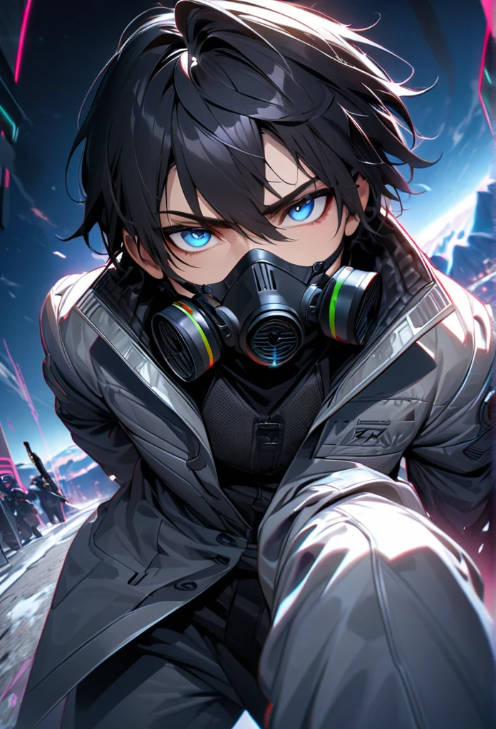 absurdres, highres, ultra detailed, HDR, master piece, best quality, extremely detailed face and eyes, black hair with short  bangs, handsome,hair between the eyes, expressive blue eyes, solo, sexy man, handsome, 25
years old,silver coat, gray pants, moon, Cyber Punk,gas mask,background snow mountain city,Man shooting automatic rifle, (muzzle explodes:1.2), (looks into sight), finely drawn automatic rifle, (turn towards the viewer), syncs body orientation and gaze, dynamic angle, serious expression, battle