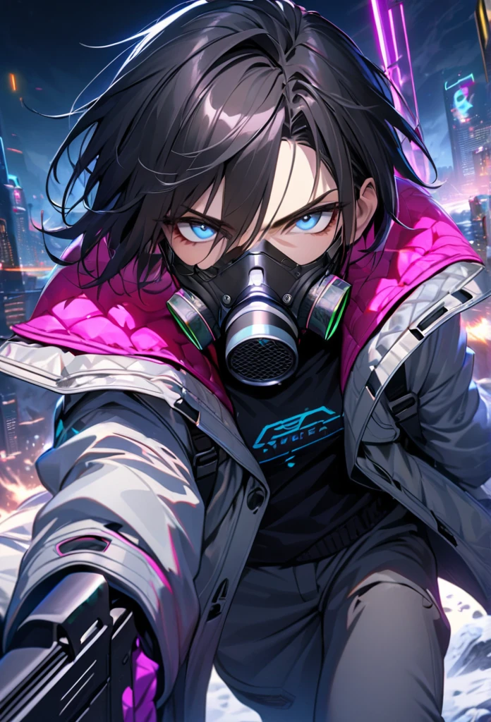 absurdres, highres, ultra detailed, HDR, master piece, best quality, extremely detailed face and eyes, black hair with short  bangs, handsome,hair between the eyes, expressive blue eyes, solo, sexy man, handsome, 25
years old,silver coat, gray pants, moon, Cyber Punk,gas mask,background snow mountain city,Man shooting automatic rifle, (muzzle explodes:1.2), (looks into sight), finely drawn automatic rifle, (turn towards the viewer), syncs body orientation and gaze, dynamic angle, serious expression, battle