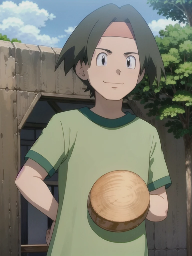 Tracey, solo, smile, shirt, 1boy, closed mouth, upper body, male focus, outdoors, sky, cloud, black eyes, green shirt, anime coloring