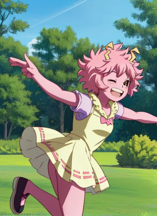 [mina ashido], [Boku no hero academia], ((masterpiece)), ((solo portrait)), ((back view)), ((cute)), ((High definition)), ((anime)), ((Kohei Horikoshi)), ((beautiful render art)), ((detailed shading)), ((cel shading)), ((intricate details)), {mina ashido; (pink skin), (curly yellow horns), long eyelashes, eyes closed, curly pink hair, short eyelashes, large , (beautiful slightly muscular legs), (excited smile), (white teeth), (blushing)}, {(hot-pink tee shirt), (fluffy collar), (tight sundress)}, {(running), (looking back)}, [Background; (park), (grass), (trees), (pond), (blue sky), (sun rays)]