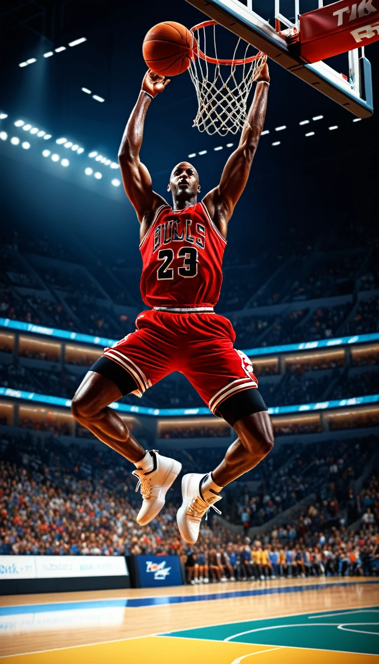 A muscular African American man, Michael Jordan, performing a powerful game-winning dunk, high jump with a salto, long jump with wide open legs, throwing the basketball towards the hoop, dynamic action pose, realistic, photorealistic, highly detailed, (best quality,4k,8k,highres,masterpiece:1.2),ultra-detailed,(realistic,photorealistic,photo-realistic:1.37),HDR,UHD,studio lighting,ultra-fine painting,sharp focus,physically-based rendering,extreme detail description,professional,vivid colors,bokeh,sports,basketball