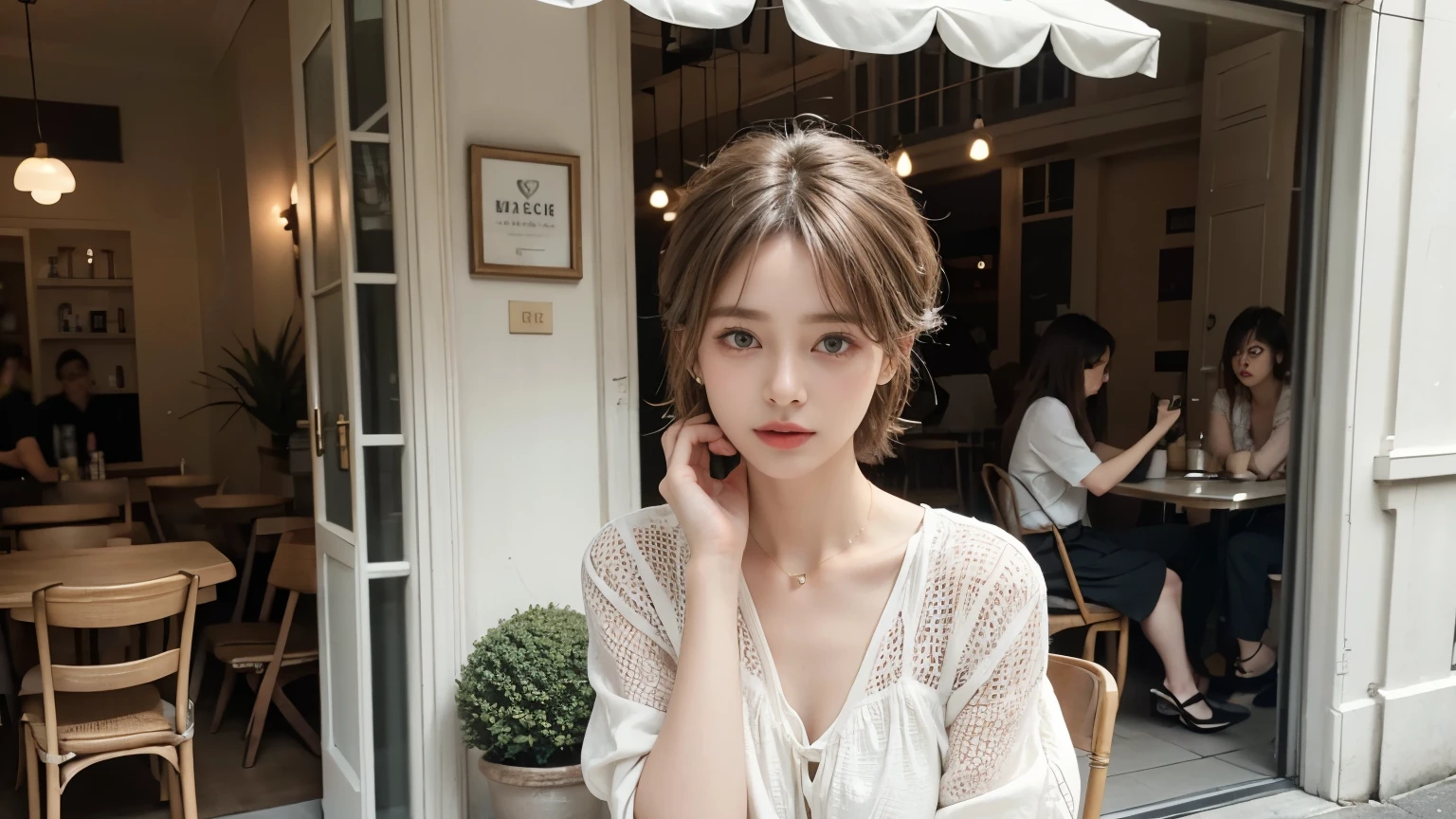 super high quality, Fashion Model, Slenderのネックレス, Slender, The staff is working at the counter in the back., (8k、RAW Photos、Highest quality、masterpiece:1.2), Stylish café, Fashion magazine photoshoot, (Realistic、Photorealistic:1.37), Beautiful Face , Mesh Hair, Urban Cafe, Golden Ratio, Raw photo, Small breasts, Bright cafe interior, Blurred Background, Famous actress, Summer clothes, Beauty, Cafe Terrace, Open Cafe, Photographed inside the cafe, 20-year-old, Hair blowing in the wind, Neat clothes, Very Short Hair, Cool older sister, Stylish clothes, 

