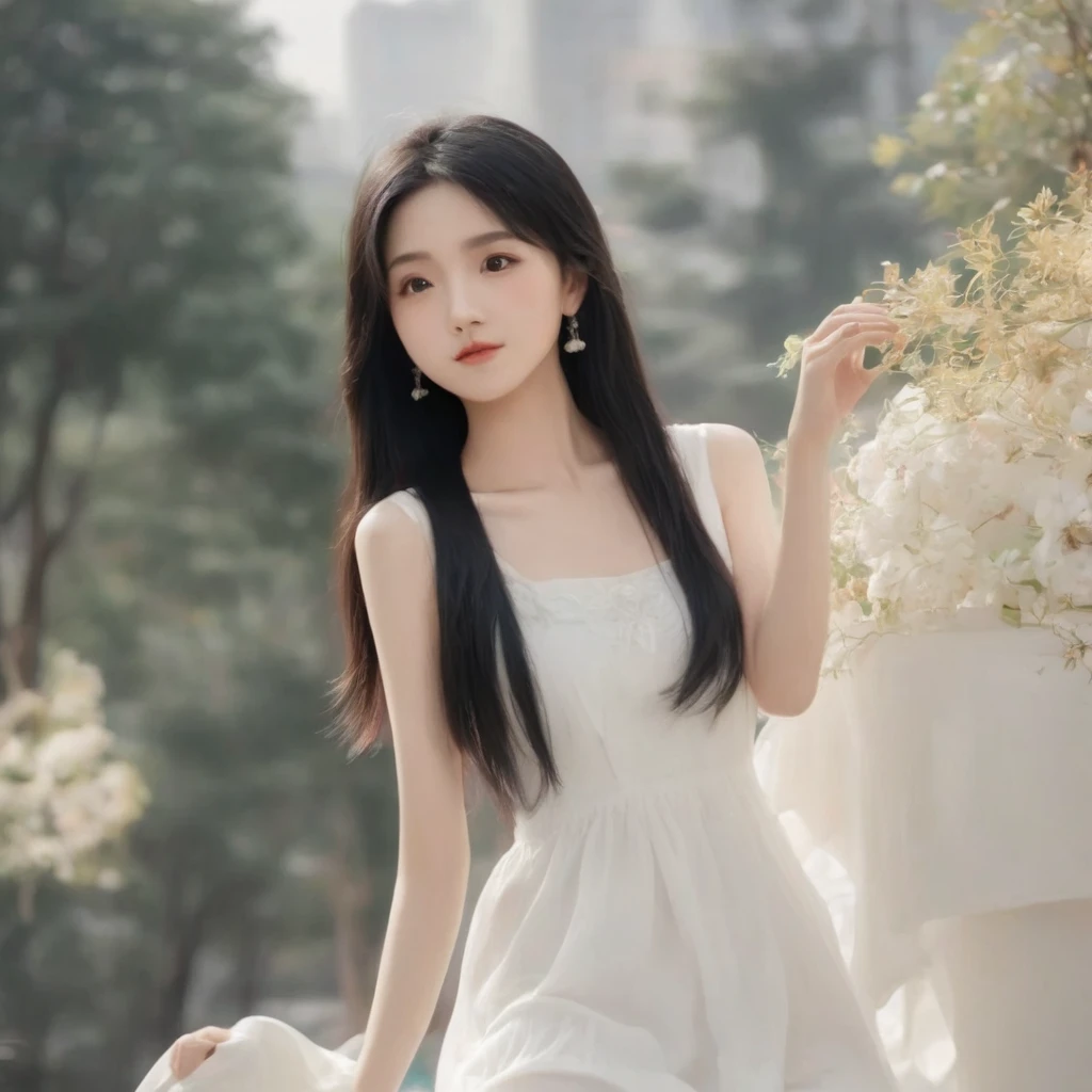advertising photo,HD,high resolution,highly saturated,pure black background,chinese girl,black hair color hair,big eyes,soft skin,wearing a white dress,