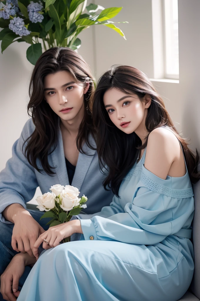 Modern. Casual wear. Elegant couple, masculie man (mature) and beautiful girl. Dark hair color. Very deatiled face. pretty eyes (perfect eyes). 8K resolution. Masterpiece. Romantic, love, glowing light. Look at the viewer. Blue petals. Pastel color.