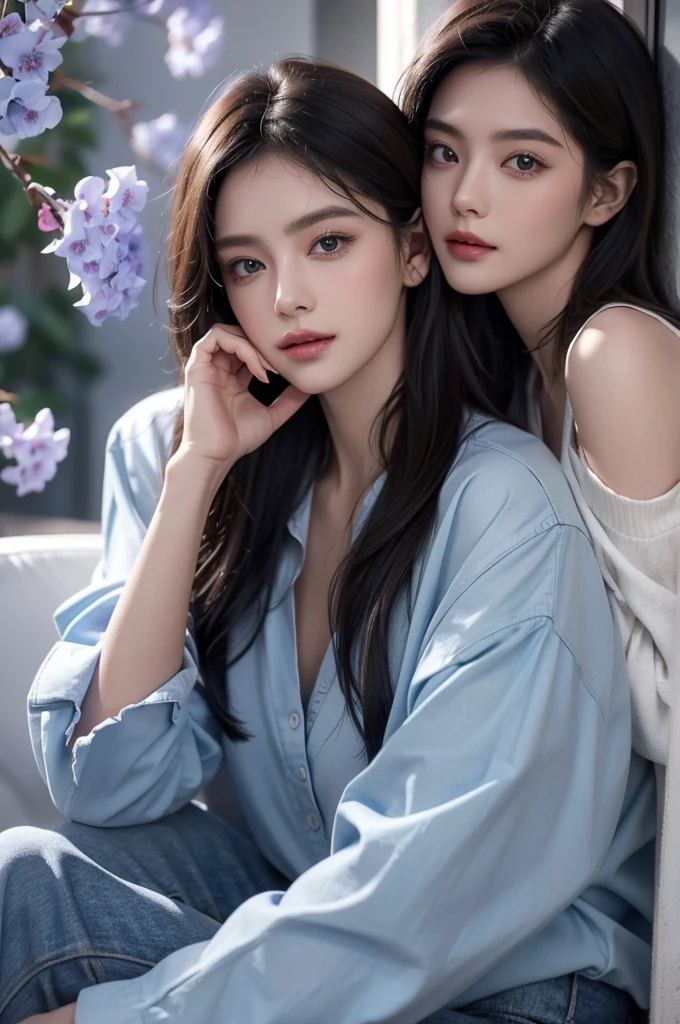 Modern. Casual wear. Elegant couple, masculie man (mature) and beautiful girl. Dark hair color. Very deatiled face. pretty eyes (perfect eyes). 8K resolution. Masterpiece. Romantic, love, glowing light. Look at the viewer. Blue petals. Pastel color.