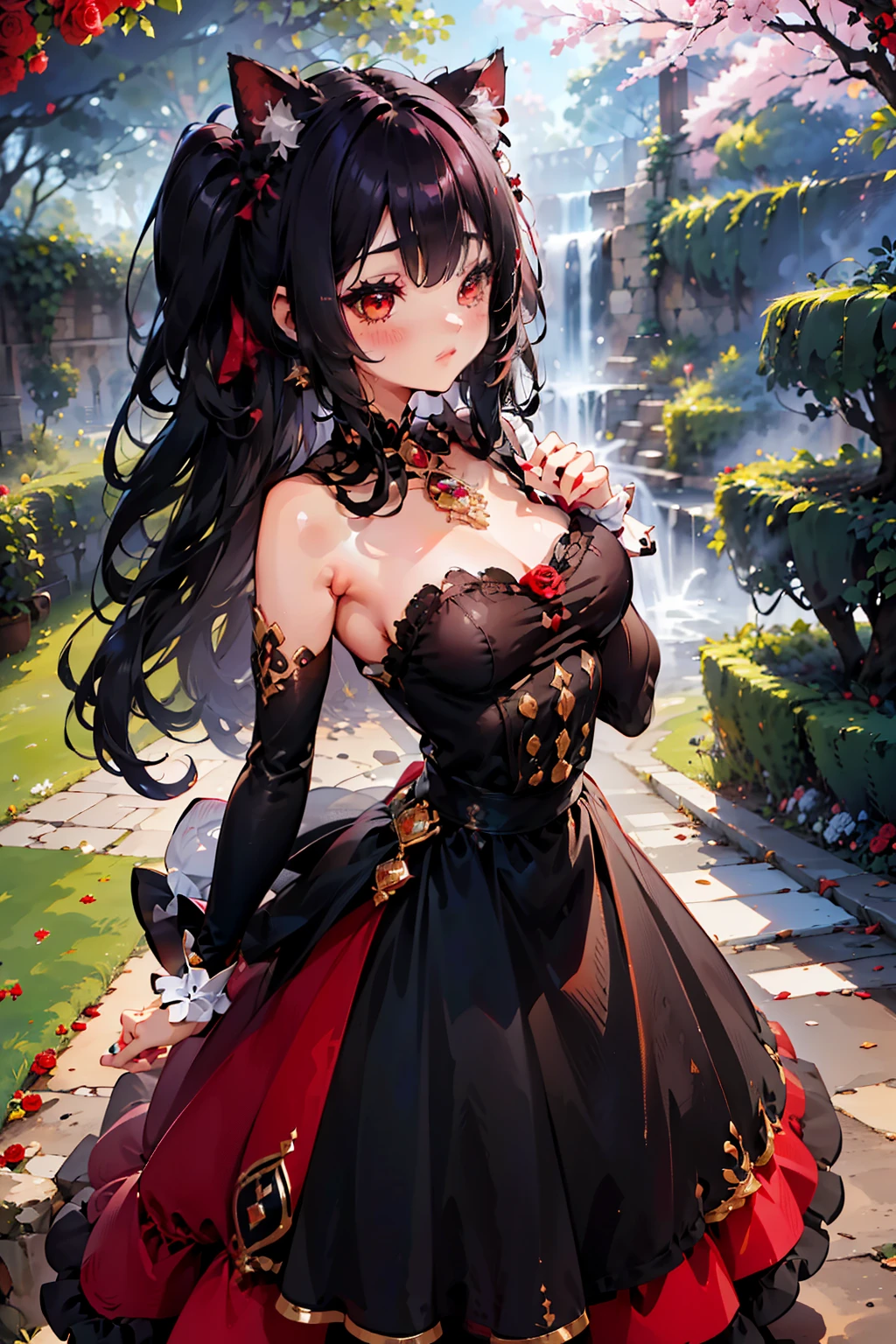 (junkotvv cabello negro con orejas de gato y ojos rojos), The most beautiful rose bush imaginable and an incredibly elegant young woman, magnificently coiffed, spectacularly made up and wearing a dazzlingly fabulous dress. In a dreamlike garden on a magical evening. (obra maestra) (mejor calidad)