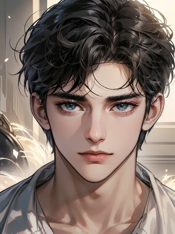 (best quality digital art digital illustration 4k high resolution beautiful image hyper-detailed image perfect lines soft lighting night environment focus face soft zoom) (1:1 photorealistic) (neutral colors hdr 1.4) a young adult man (thoughtful expression) black and white modern clothes black eyes medium black hair
