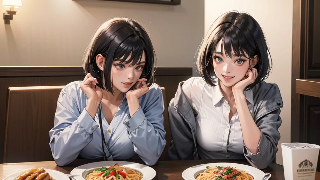 (perfect anatomy:1.2)(absurdres, highres, ultra detailed),masterpiece,best quality,high resolution,8k,Realistic face,Realistic skin texture,magnified textures, stunning clarity,detailed anime girl,(ultra detailed eyes and face),(1 girl:1.2)21years old,she is office worker,lunch time,Italian restaurant in a district,smile,grin:1.2,black hair, bob cut,natural make,grey jacket and pants,white brouse,light look at winfows,sparkling eyes.small nose,roundface,She looks happy,upper body,Italian restaurant Eating pasta happily