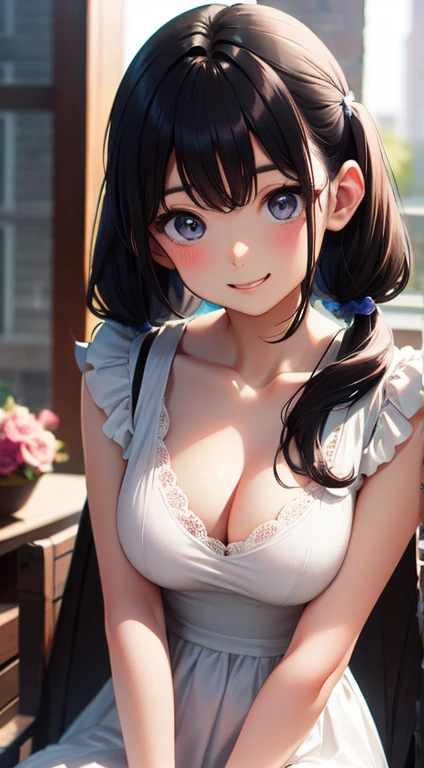 masterpiece, Highest quality, One Girl, Thighs, beautiful girl, Narrow waist, Official Art, RAWphotograph,colorful、Bright lighting、Face Light, Ultra-realistic, High resolution, photograph, Sharp focus, Highly detailed eyes and face,Symmetrical face, whole body、Large Breasts、Long Hair、チラリと見えるThighs、Beautiful cleavage、bride、smile、lipstick、Twin tails、White tennis wear、whole body、serve