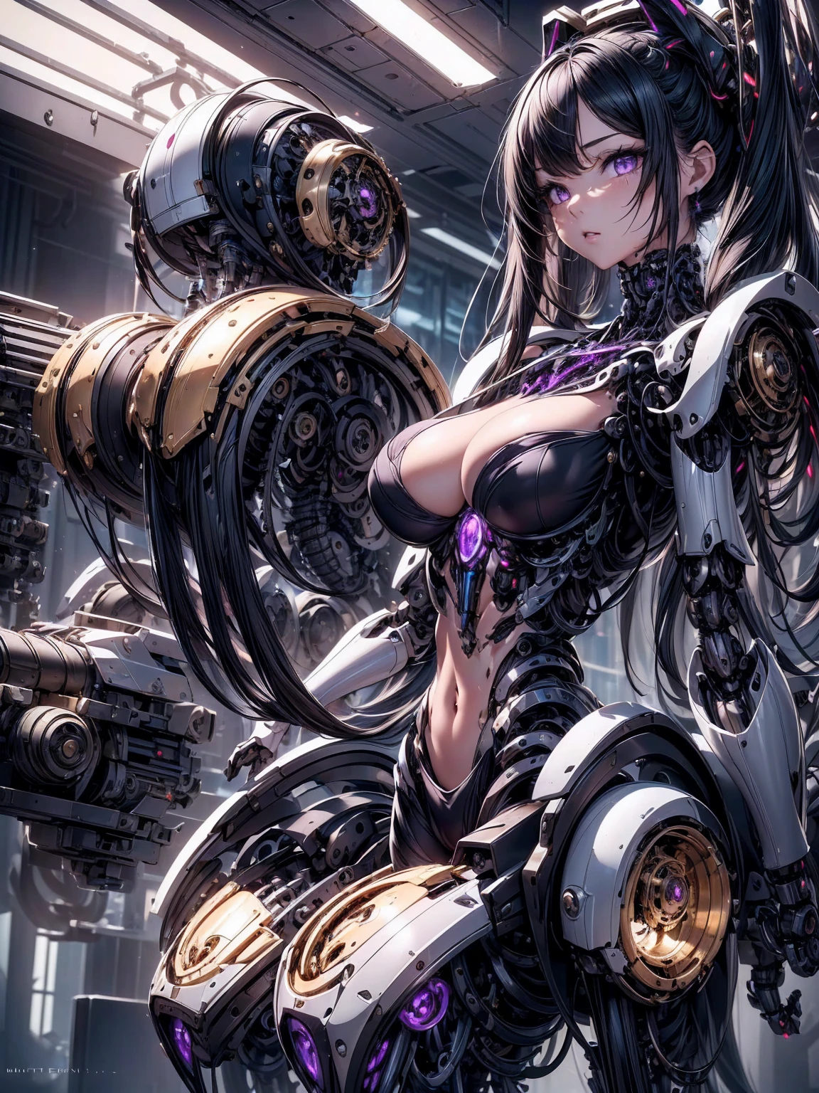 absurderes,(​masterpiece、top-quality、8K ),intricate detailes,ultra-detailliert、1 Beautiful, And a woman of perfect proportions,(Machine Girl 1.3),Black Long Hair,Purple eyes,cleavage,Navel,Stomach,(Mechanical body,mechanical arms :1.4),Mechanical headgear ,(Cyberpunk ),Hyper realistic,Perfect Anatomy