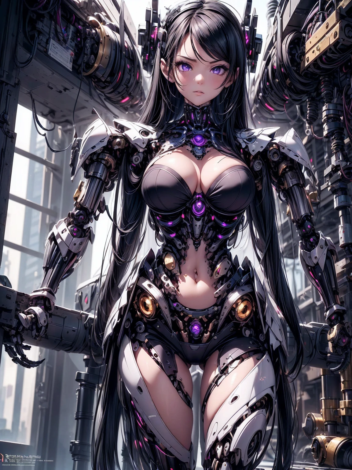 absurderes,(​masterpiece、top-quality、8K ),intricate detailes,ultra-detailliert、1 Beautiful, And a woman of perfect proportions,(Machine Girl 1.3),Black Long Hair,Purple eyes,cleavage,Navel,Stomach,(Mechanical body,mechanical arms :1.4),Mechanical headgear ,(Cyberpunk ),Hyper realistic,Perfect Anatomy