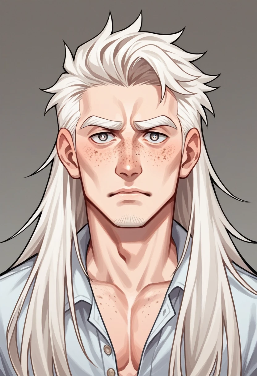 Male, Human, 38 years old, endomorphic body, light skin, ash white hair, long hair length, complex hairstyle, square face shape, almond eyes, wide lips, wide eyebrows, descending eyebrows shape, small nose size, button nose shape, freckles.
